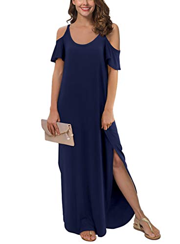 GRECERELLE Women's Summer Casual Loose Long Dress Strapless Strap Cold Shoulder Short Sleeve Split Maxi Dresses with Pocket