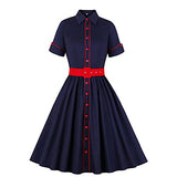 Wellwits Women's Red Belt Button Down Shirt Collar Vintage Work Dress