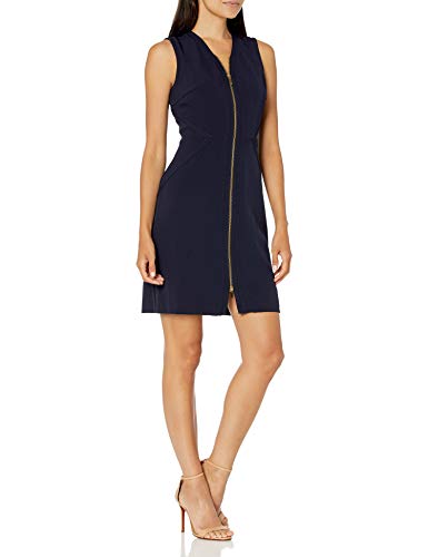 Women's Sleeveless Front Zipper Body Con Stretch Crepe Sheath Dress