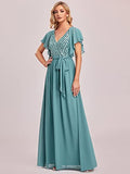 Women's Floor-Length A-line V Neck Appliques Ruffle Chiffon Bridesmaid Dresses  - Sara Clothes