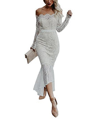 Women Sexy Lace Derss Long Sleeve V Neck Lace Fishtail Skirt Bodycon Club Evening Midi Dress