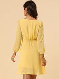 Women's Elastic Waist V Neck 3/4 Sleeve A-line Solid Flowy Chiffon Dress