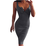 Summer Dresses for Women, Ladies Sexy Slim Round Neck Button Solid Color Sleeveless Suspender Dress Party UK Size | Women's Work Dresses