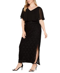 Apparel Womens Slitted Lace Short Sleeve V Neck Maxi Sheath Formal Dress Black Size 14w 14