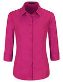 Deep Pink Womens Slim-Fit Long Sleeve Stretchy Button Down Collar Office Formal Casual Shirt Blouse - EZEN | Women's Tops and Blouses