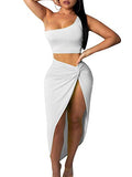 Women's Sexy One Shoulder Long Bodycon Slit Skirt 2 Pieces Dress