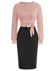 Pink Black Long Sleeve Women's Bodycon Pencil Dress Office Wear to Work Dresses with Pocket Belt - JASAMBAC