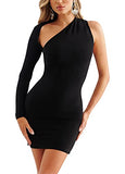 Women's One Shoulder Bodycon Long Sleeve Cut Out Sexy Asymmetrical Mini Dress