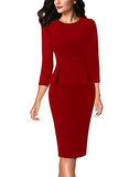 Red Sleeve Womens Pleated Crew Neck Peplum Wear To Work Office Sheath Dress Vfshow