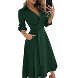 Women's Plus Size Long Sleeve V Neck Belted Bodycon Dress Solid High Waist Office Work Dress Ruffle Midi Dress | Women's Work Dresses