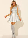 Women's Metallic Sleeveless Round Neck High Waist Holographic Flare Dress