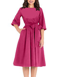 Women Elegance Audrey Hepburn Style Round Neck 4-mar Puff Sleeve Swing Midi Dress Long Belt Dresses With Pockets