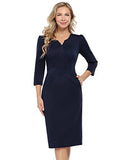 Dark Blue Long Sleeve Women's Work Dress V-Neck Business Dress Slim Bodycon Pencil Dress - KOJOOIN | Women's Work Dresses