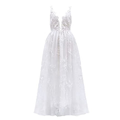 White Wedding Dresses Lace V-neck Party Dress Off-shoulder Long Maxi Formal Bridal Gown Party Dress