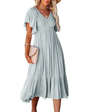 Womens V Neck Short Flutter Sleeve Solid Smocked Ruffle Midi Dress | Original Brand