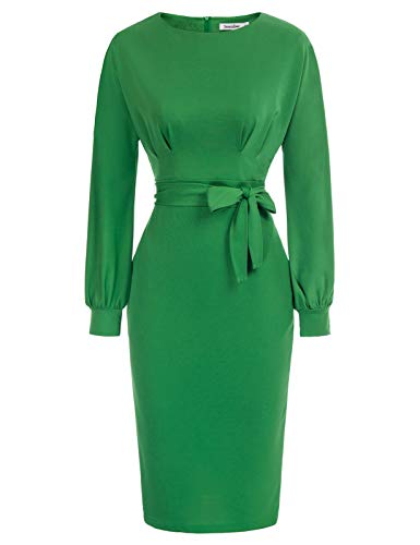 Green Long Sleeve Women's Bodycon Pencil Dress Office Wear to Work Dresses with Pocket Belt - JASAMBAC