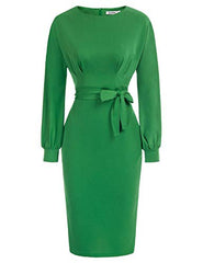 Green Long Sleeve Women's Bodycon Pencil Dress Office Wear to Work Dresses with Pocket Belt - JASAMBAC