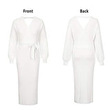 Women's V Neck Sweater Wrap Dress Batwing Long Sleeve Dress Backless Bodycon Maxi Dress with Belt