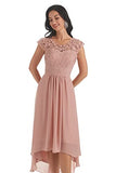 Women's High Low Mother of The Bride Dress with Pockets Lace Applique Chiffon Tea Length Formal Evening Party Gown