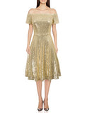 Women's Sequin Bridesmaid Dress Short Sleeve Off Shoulder Pleated A-Line Evening Dress