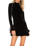 R.Vivimos Women's Winter Long Sleeve Velvet Ruffles Bodycon Mini Dress