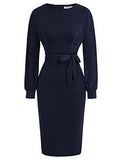 Navy Long Sleeve Women's Bodycon Pencil Dress Office Wear To Work Dresses With Pocket Belt Jasambac | Women's Work Dresses