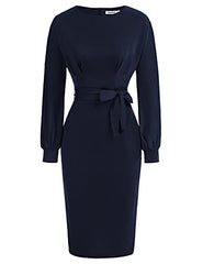 Navy Long Sleeve Women's Bodycon Pencil Dress Office Wear To Work Dresses With Pocket Belt Jasambac