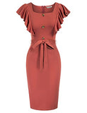 Women Vintage Square Neck Pencil Dress Flounces Sleeves Bodycon Party Dress with Belt