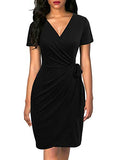 Women's Classic V-Neck Casual Party Knee Length Sheath Work Short Sleeve Faux Black Wrap Dress | Women's Work Dresses