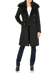 T Tahari Women's Double Breasted Wool Coat with Faux Fur