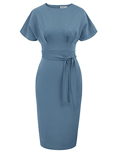 Haze Blue Women's Bodycon Pencil Dress Office Wear To Work Dresses With Pocket Belt Jasambac