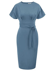 Haze Blue Women's Bodycon Pencil Dress Office Wear To Work Dresses With Pocket Belt Jasambac