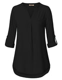 Black Women's Casual Chiffon V Neck 3/4 Sleeve Blouse Tops - Timeson | Women's Tops and Blouses
