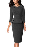 Flecked Grey Sleeve Womens Pleated Crew Neck Peplum Wear To Work Office Sheath Dress Vfshow