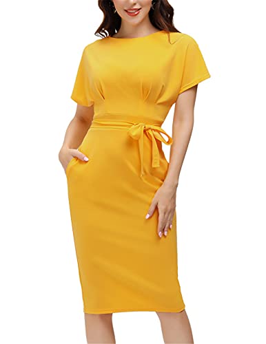 Yellow Women's Bodycon Pencil Dress Office Wear To Work Dresses With Pocket Belt Jasambac