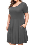 Women's Plus Size Short Sleeve Dress Casual Pleated Swing Dresses with Pockets