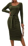 PRETTYGARDEN Women's Long Sleeve Square Neck Slit Bodycon Sweater Dress Tie Waist Ribbed Slim Fit Knit Midi Dress