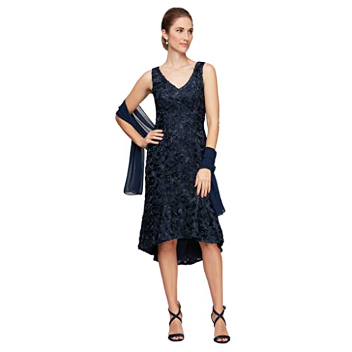 Navy With Shawl Women s Tea Length Dress with Rosette Detail