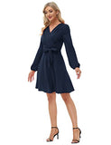 Women Ruched Dress Long Sleeve V-Neck Defined Waist Flared A-Line Dress