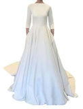 Dimei Wedding Dresses Long Sleeves Boat Neck Button Back Crepe Satin Wedding Gown