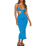 Womens Sexy Spaghetti Strap Bodycon Long Dress Y2K Halter Neck Cutout Backless Maxi Dress High Waist Stretch Wrap Summer Dresses Club Streetwear