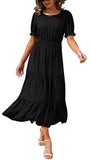 Black Summer Midi Dress Floral Print Boho Dress Ruffle Puff Sleeve High Waist A-Line Casual Boho Cocktail Holiday Beach Long Dress - GRECERELLE | Women's Casual Dresses