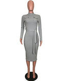 Womens Turtleneck Front Pockets Long Sleeve Party Cocktail Bodycon Midi Pencil Dress with Belt | Women's Work Dresses