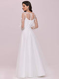 Womens V Neck Long Sleeve Tulle A Line Simple Wedding Dress  - Sara Clothes