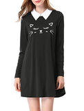 Women's Cat Face Printed Contrast Collar Flare Mini Dress | Original Brand