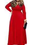 Women's Solid V-Neck Long Sleeve Plus Size Evening Party Maxi Dress