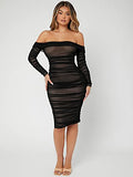 Women's Ruched Off Shoulder Bodycon Dress Long Sleeve Mesh Knee Length Dresses