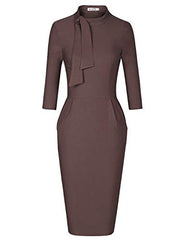 Brown Women's Classic Vintage Tie Neck Formal Cocktail Dress With Pocket Muxxn | Women's Work Dresses