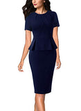Dark Blue Short Sleeve Womens Pleated Crew Neck Peplum Wear To Work Office Sheath Dress Vfshow | Women's Work Dresses