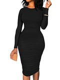 Women's Ruched Long Sleeve Elegant Bodycon Basic Casual Midi Dress